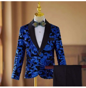 Boys royal blue sequin jazz dance costumes wedding pary flower boys formal suit set host singer band choir pianist rehearsal performance outfits coat pants